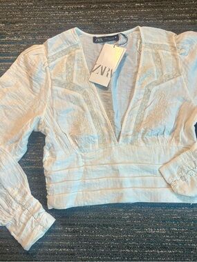 Zara White V-Neck Embroidered Pintuck Blouse